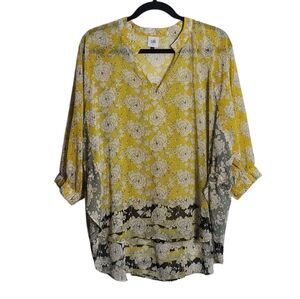 CABI Amelia Gather Blouse Yellow Floral Sheer  Peasant Top Size Small